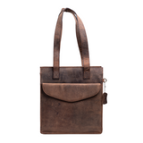 The Vintage Leather Leather Tote - Sorrel is a brown minimalist tote with reinforced stitching, two shoulder straps, a front flap pocket, and a zipper pull with leather tag, displayed against a white background.