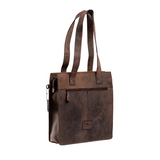 The Leather Tote - Sorrel by Vintage Leather features reinforced stitching, two long handles, a front zipper pocket, and a subtle embossed logo. Its rectangular shape and rustic brown finish highlight its minimalist style.