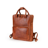 The Leather Backpack Bolton by Vintage Leather Sydney is shown on a white background, featuring brown leather, a top handle, two adjustable shoulder straps, and a large front zippered pocket.