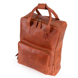 The Bolton Leather Backpack – Tan Brown by Vintage Leather Sydney features a large front zip pocket, two top handles, and a roomy main compartment, combining style and function. Displayed against a white background.