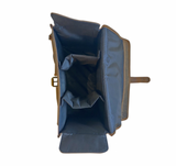 Top view of The Nixon Leather DSLR Camera Bag by Vintage Leather Sydney in brown leather with a blue interior, featuring multiple compartments and pockets for photography gear, displayed on a white background.