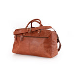The Leather Duffle Bag Regent by Vintage Leather Sydney is a large brown leather duffel with double handles, an adjustable shoulder strap, and a front zippered pocket, shown on a white background.