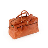 The Leather Duffle Bag Regent by Vintage Leather Sydney is a spacious brown leather bag with handles, an adjustable shoulder strap, a front zippered pocket, and gold-tone hardware, shown on a white background.