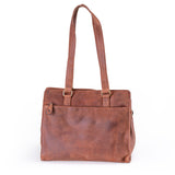 The Leather Handbag Fennel by Vintage Leather Sydney has a simple rectangular design, two long shoulder straps, and a front pocket, offering spacious storage for your essentials. Shown against a plain white background.