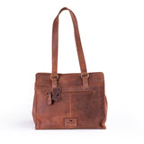 The Leather Handbag Fennel by Vintage Leather Sydney is a spacious brown leather tote with two long straps, a front zipper pocket, and an embossed logo patch—perfectly sized for everyday use with vintage appeal.