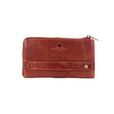 A brown leather zip-around wallet with a front strap closure and a small gold snap button, shown on a plain white background.