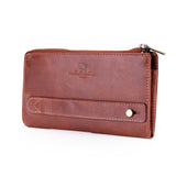 A brown leather zip-around wallet with a front strap and snap button, featuring an embossed logo on the front, shown on a white background.