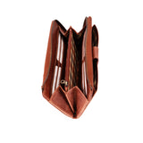 An open brown leather wallet with multiple card slots, zippered compartments, and a patterned interior lining, shown against a plain white background.