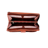 An open brown leather wallet shown from a top-down view, revealing multiple card slots, a central zip compartment, and white cards inside, set against a plain white background.