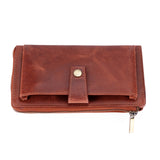 A brown leather zip-around wallet with a flap closure and a small snap tab detail, shown on a plain white background.