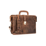 A distressed brown leather briefcase with a top handle, a front strap closure, and a gold-toned clasp, shown against a plain white background.