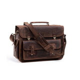 The Leather Briefcase Brooklyn by Vintage Leather Sydney features brown leather, a front flap with buckle closures, top handle, adjustable shoulder strap, exterior pockets, and padded laptop compartment—perfect for organised everyday carry on a white background.