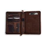 The A4 Leather Compendium – Cairo by Vintage Leather Sydney is a brown portfolio and document organizer featuring card slots, a coin pocket, pen holder, and clipboard on the right side, shown on a white background.