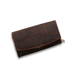 The Leather Ladies Wallet Alice by Vintage Leather Sydney is shown in brown distressed leather with a flap closure, simple rustic design, and a small tan side tab, set against a white background.