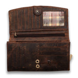 The Leather Ladies Wallet Alice by Vintage Leather Sydney is a waxed brown trifold wallet with multiple card slots, a zippered coin pocket, clear ID window with plaid backing, and dual snap buttons—a timeless women’s vintage accessory.