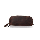 The Leather Pencil Case Henry by Vintage Leather Sydney is a brown full-grain leather pouch with visible stitching, curved top for organising stationery, and a left-side leather zipper pull, shown against a white background.