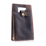 The Leather Wine Carry Bag Sudbury by Vintage Leather Sydney is a brown leather tote with cutout handle, brass clasp, and attached tag—an elegant two-bottle wine carrier, shown upright on a white background.