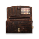 A Vintage Leather Sydney Leather Ladies Wallet Alice in worn brown features multiple card slots, a transparent plaid-backed ID window, a zippered pocket, and two metal snap buttons, shown open on a white background.