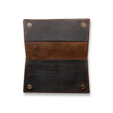 The Leather Tobacco Pouch Smith by Vintage Leather Sydney, crafted from brown full-grain leather with two metal snap buttons and multiple compartments, is shown opened flat against a white background—ideal for stylish tobacco storage.