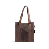 The Leather Tote Bag Sierra by Vintage Leather Sydney features two shoulder straps, a diagonal front zipper pocket, and a small keychain accessory, standing upright on a plain white background.