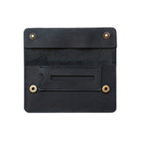 The Louise Pouch of Tobacco by Vintage Leather is a black leather tobacco organizer with an open flap, two snap buttons, and an inside card slot, shown on a white background—ideal for stylish storage.