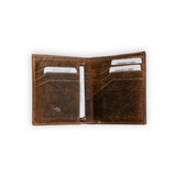 The Leather Wallet for Men Ontario by Vintage Leather features open brown genuine leather with visible stitching, three CREDIT CARD slots, and a buffalo logo with VINTAGE LEATHER embossed—perfect as a classic men’s wallet.