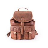 Brown leather backpack on a white background