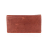 A brown leather wallet with visible stitching along the edges, shown flat against a plain white background.