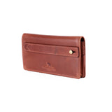 A brown leather checkbook wallet with a snap-button strap closure and an embossed logo on the front, shown on a plain white background.