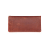 A brown leather checkbook wallet with visible grain texture and neat perimeter stitching, shown flat against a solid white background.