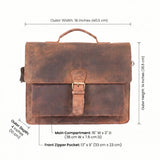 The Leather Briefcase Rover by Vintage Leather Sydney is shown in brown leather with a buckle closure. Dimensions: 16" wide, 12" high, and 4" deep.