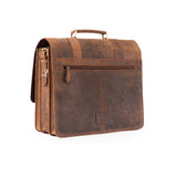 The Scout Leather Briefcase by Vintage Leather Sydney is a brown, vintage-style bag with a top handle, front zipper pocket, multiple compartments, and a distressed finish. It stands upright against a white background.