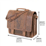 The Scout Leather Briefcase by Vintage Leather Sydney is a brown leather messenger bag with a shoulder strap, measuring 13"H x 16"W x 5"D.