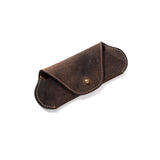 The Leather Glasses Pouch Case Owen by Vintage Leather Sydney is a brown full-grain leather case with white stitching and a brass snap button, shown closed on a white background.