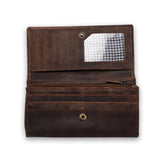 The Vintage Leather Women Leather Wallet Camellia in brown full-grain leather is open, showing card slots, a clear ID window with white and gray checkered lining, a zippered pocket, and cash compartments.
