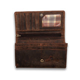 The Vintage Leather Sydney Women's Leather Wallet Adel in brown features card slots, a zippered pocket, an ID window with a plaid pattern, roomy compartments, snap button closure, and a stylish worn vintage look.