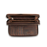 The Vintage Leather Sydney Leather Large Wallet for Ladies Bella in brown is shown on a white background, featuring multiple compartments, zippered sections, and card slots.