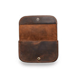 The Tobacco Pouch Holder TROY by Vintage Leather Sydney is a brown full-grain leather pouch with a snap closure. Shown open, its naturally worn texture and roomy interior make it a stylish option for tobacco storage.