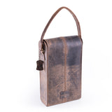 The Leather Wine Bottle Bag TILBURY by Vintage Leather Sydney features vintage, distressed full grain leather, a sturdy handle, and a small tag. It stands upright—an ideal wine gift bag for any special occasion.