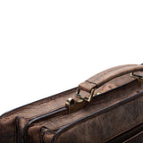 Close-up of the handle and top of the Parker Leather Mens Briefcase by Vintage Leather Sydney, crafted from vintage leather with brass hardware—an elegant accessory for any professional wardrobe.