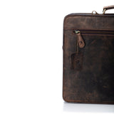 A close-up of the Vintage Leather Sydney Parker Leather Mens Briefcase shows only its right half, featuring brown vintage leather, a zipper pocket, and a leather tag against a white background.