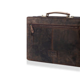 The Parker Leather Mens Briefcase by Vintage Leather Sydney features dark brown vintage leather, a top handle, front zipper pocket, and luggage tag—an essential for any professional wardrobe, shown against a white background.