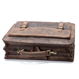 The Parker Leather Mens Briefcase by Vintage Leather Sydney features two handles, brass buckles, zippered compartments, and is crafted from vintage leather with a distressed brown finish for timeless professional style.