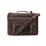 The Parker Leather Mens Briefcase by Vintage Leather Sydney features a top handle, adjustable shoulder strap, and two front buckle pockets—ideal for any professional look. Shown against a white background.