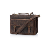The Parker Leather Mens Briefcase by Vintage Leather Sydney is a brown leather messenger bag with front pockets, shoulder strap, brass buckles, and top handle—perfect for professionals. Shown against a white background.