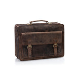 The Parker Leather Mens Briefcase by Vintage Leather Sydney is a brown vintage leather bag with a top handle and two front buckles, shown on a white background—perfect for any professional wardrobe.