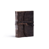 The Indigo Journal Leather by Vintage Leather is a closed, dark brown buffalo leather journal with white stitching and a wraparound strap—ideal for personalisation.