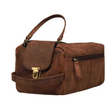 leather toiletry bag with brass fittings and handle to carry the bag.