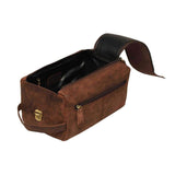 leather toiletry bag with brass fittings and handle to carry the bag.