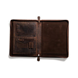 The A4 Leather Compendium Andre by Vintage Leather Sydney features pockets and a zip compartment on the left, pen holders, and ample space for a notepad on the right, displayed against a white background.
